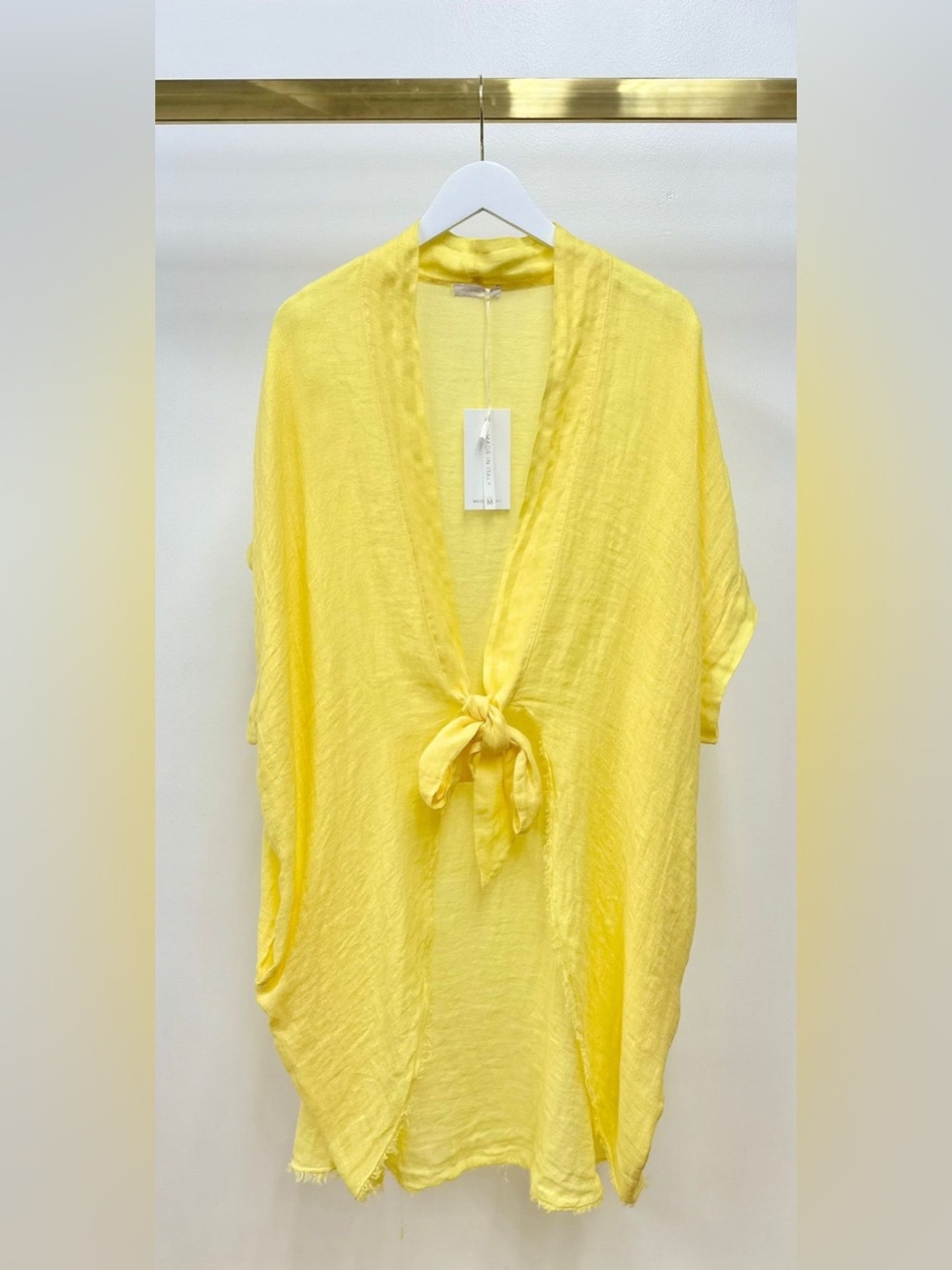 (155153/E3150-YEL) LINEN FRINGE HEM TIE-FRONT KIMONO WITH POCKETS